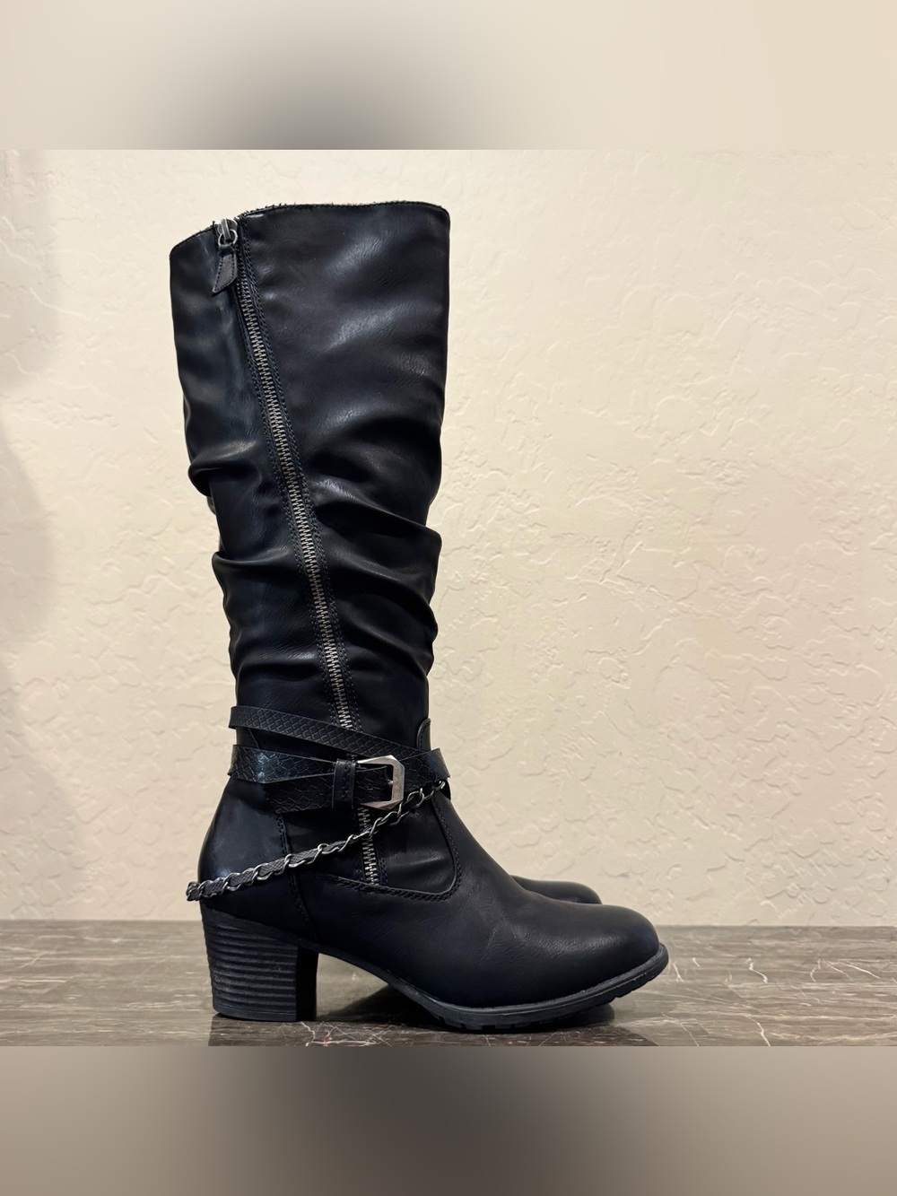 Spring Step Faux Leather Chain Belted Moto Riding Boots - Picture 8 of 12